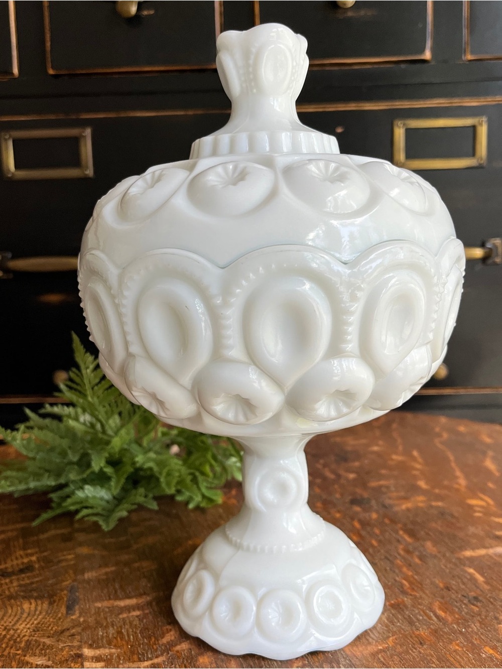 Vintage L.E. Smith Glass Co. Milk Glass Lidded Compote in ‘Moon & Stars’ Pattern